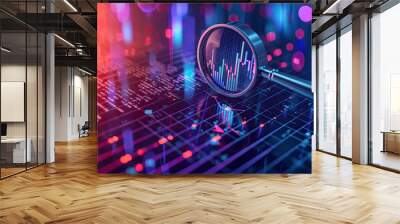 a magnifying glass over a financial data board. financial data concept. business stock financial finance management on analysis data strategy with graph Wall mural