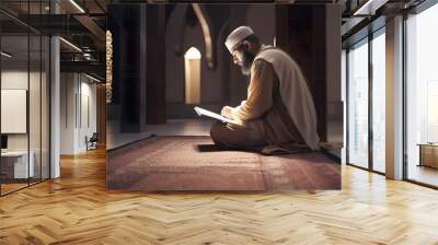 a man sitting alone in his room reading a book, in the style of islamic art and architecture - Generative AI Wall mural