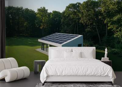 A modern house with a sloped roof and solar panels, situated in a lush green landscape surrounded by trees. Wall mural