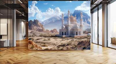 a mosque in a desert landscape, with blue sky and the mountains in the distance. ramadan kareem holiday celebration concept Wall mural