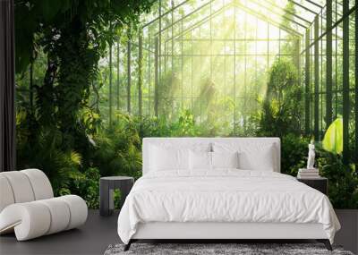 A sunlit greenhouse filled with lush greenery, showcasing a vibrant ecosystem and serene atmosphere. Wall mural