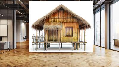 a thatched wooden house with bamboo walls in a simple cartoon style isolated on white background Wall mural