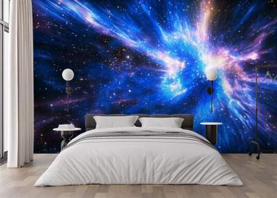 A vibrant cosmic explosion showcasing deep blues and purples, representing the vastness and beauty of the universe. Wall mural