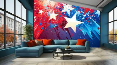 A vibrant design featuring red, white, and blue stars with splashes, evoking a festive and patriotic theme. Wall mural