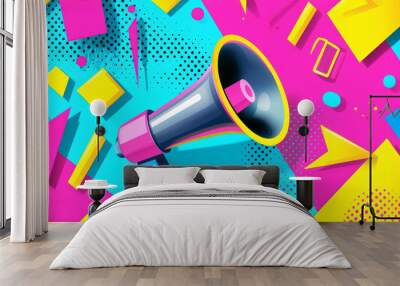 A vibrant graphic featuring a megaphone on a colorful background, symbolizing communication and expression. Wall mural