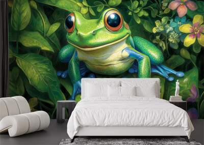 A vibrant green frog perched on a leaf amidst lush foliage and colorful flowers, showcasing nature's beauty. Wall mural