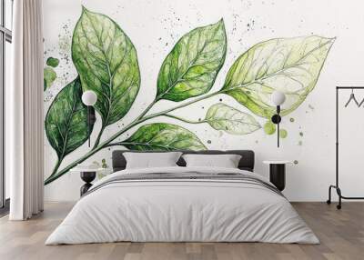 A watercolor illustration of green leaves with splashes of color, showcasing the beauty of nature. Wall mural