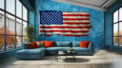 A weathered American flag on a textured blue background, symbolizing patriotism and national identity. Wall mural