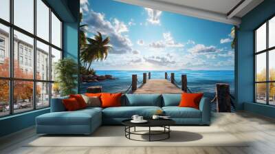 a wooden dock leading to the ocean along side palm trees Wall mural