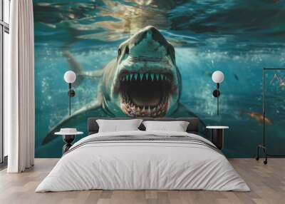 angry great white shark, mouth open showing teeth in the ocean. fish swimming around in the background. underwater photography Wall mural