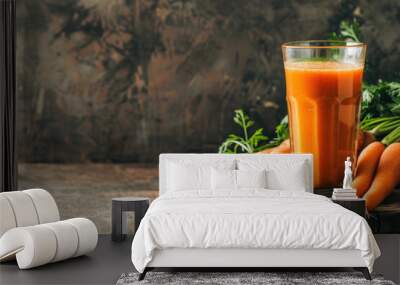 carrot juice in glass and fresh carrots on wooden background. copy space concept for healthy eating and dieting  Wall mural