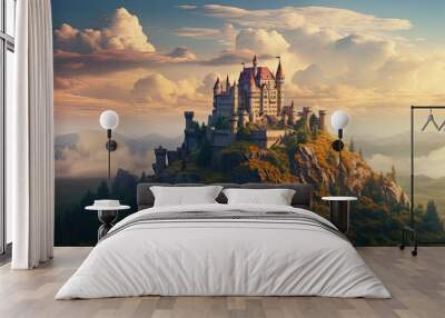 castle at the hill of a scenic landscape. majestic castle perched. fantasy landscape with ancient castle Wall mural