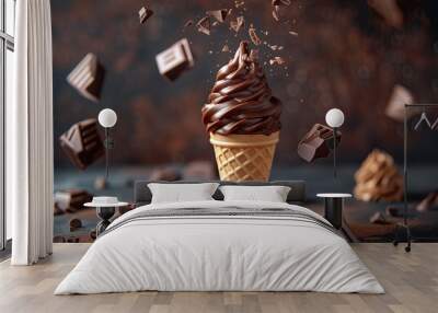 chocolate ice cream cone with icing falling into some chocolate pieces Wall mural