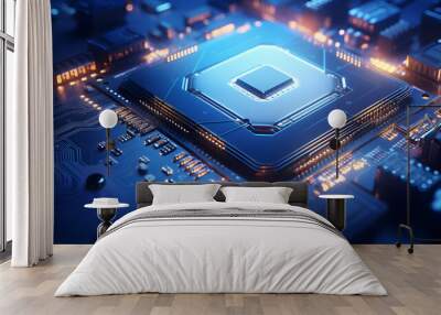 close-up of a cpu chip on a circuit board with the transistors and other components clearly visible. Wall mural