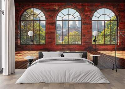 empty room with wooden floors and red brick walls, featuring three arched windows that offers city views Wall mural