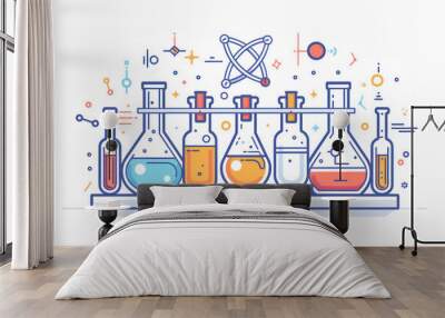 flat illustration of science and laboratory concepts with test tubes, beakers, and lab equipment on a white background. chemistry lab and science equipment, modern line art design for a banner. Wall mural