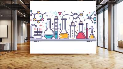 flat illustration of science and laboratory concepts with test tubes, beakers, and lab equipment on a white background. chemistry lab and science equipment, modern line art design for a banner. Wall mural