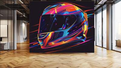 helmet fullface line, pop art logo. graphic of an action sports helmet. motorcycle helmet with goggles on a black background. retro design Wall mural