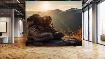 hiking boots on mountain landscape with backlight sunrise Wall mural