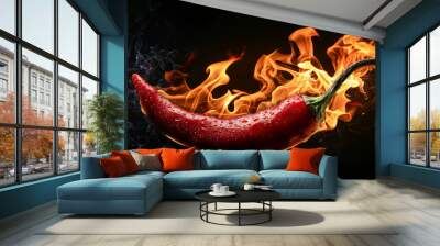 hot red chili pepper on fire isolated on black background Wall mural