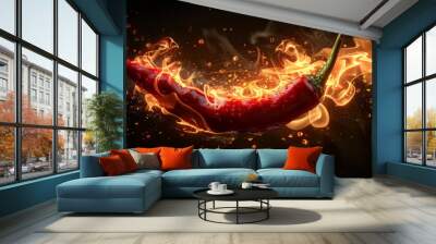 hot red chili pepper on fire isolated on black background Wall mural