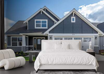 Modern Gray House with White Garage Doors Wall mural