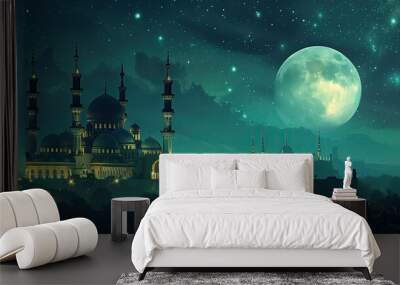 mosque with moon and stars. ramadan kareem background. islamic night. Wall mural