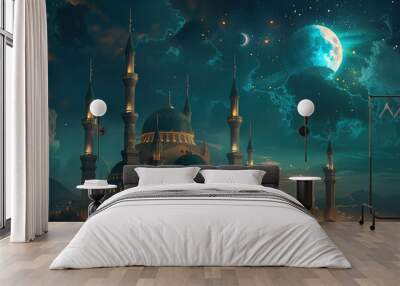 mosque with moon and stars. ramadan kareem background. islamic night. Wall mural