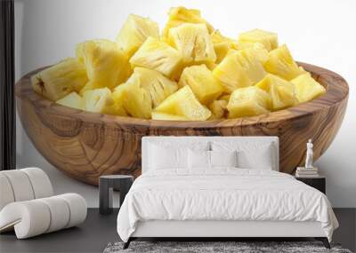 pineapple cubes in wooden bowl isolated on white background Wall mural