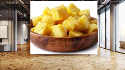 pineapple cubes in wooden bowl isolated on white background Wall mural