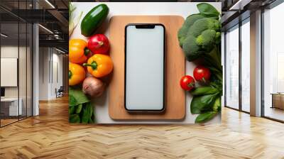 top view of smartphone with white screen mockup, in front fresh vegetables on the table. delivery fresh food concept, healthy nutrition menu Wall mural