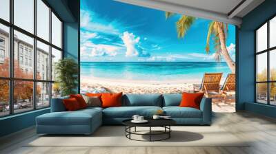 two beach chairs under palm trees on white sand by the ocean at sunny day. two lounge chairs on a sandy beach with blue sky Wall mural