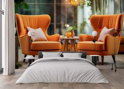 two orange armchairs in a living room Wall mural