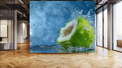 water splashes from a open green coconut on a blue background Wall mural