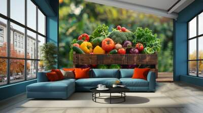 wooden box full of colorful vegetables on table in a garden. wooden crate of farm fresh vegetables Wall mural