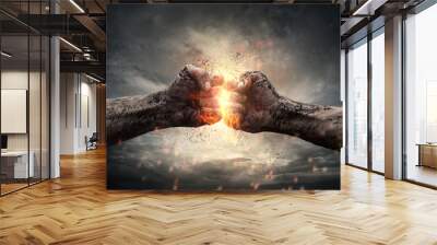 fight, two fists hitting each other over dramatic sky Wall mural