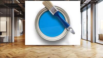 High angle view of blue paint can, with brush, isolated on transparent background, png file Wall mural