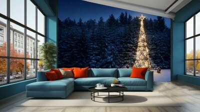 Illuminated christmas tree in the snow at night with copy space Wall mural