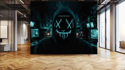 Portrait of a computer hacker wearing neon mask over dark room background Wall mural