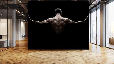 Rear view of healthy young man with arms stretched out Wall mural