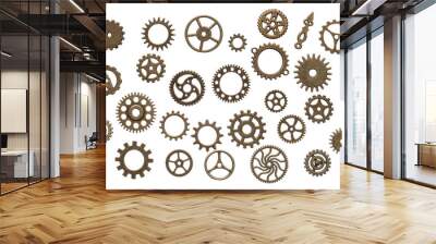 Set of different brass cog wheels isolated on white background Wall mural