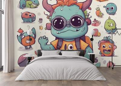 cute little monster character illustration going to school Wall mural