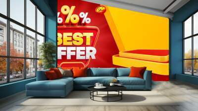 Banner Red and yellow Best Offer isolated on white background with percentages icons. 3d illustration Wall mural