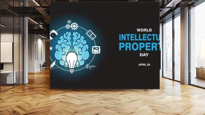 World Intellectual Property Day concept. It has a light bulb over a brain surrounded by music, movie, photo, painting and writing elements. It symbolizing intellectual property. Vector illustration Wall mural