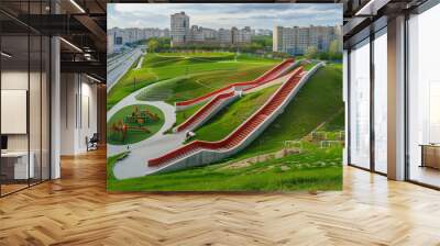 A red and white track on the green grass of the city wall in Samara Wall mural