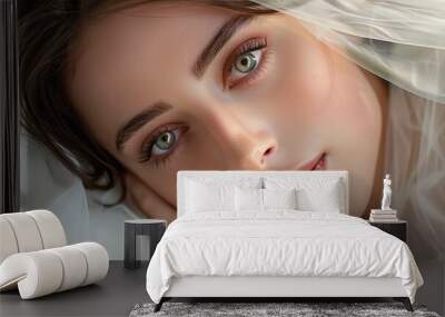 Close up portrait of a beautiful young woman with perfect smooth skin and thick eyebrows Wall mural