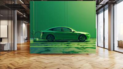 Green electric car charging at a public station, green background Wall mural