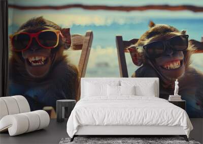 Image of two smiling monkeys in sunglasses, sitting on the beach Wall mural