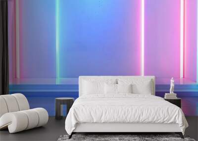 Minimal room interior with abstract background, a blue wall and bright white neon lines. Wall mural