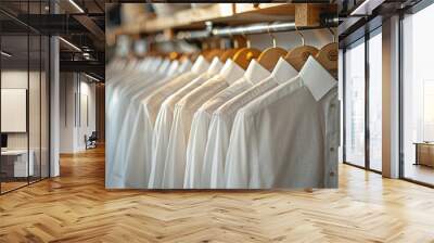 White men shirts hanging on rack in a row. Men clothing shop boutique salon Wall mural